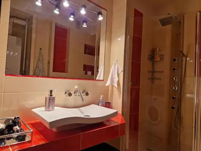 a bathroom with a sink and a shower at Słoneczna Skarpa in Rabka-Zdroj