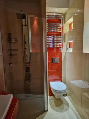 a bathroom with a shower and a toilet and a sink at Słoneczna Skarpa in Rabka-Zdroj