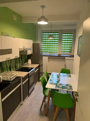 a kitchen with green walls and a table with green chairs at Kasprowicza Rooms in Kraków