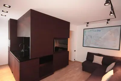 a living room with a large black entertainment center at Modern Studio Apartments Old Town-Kazimierz in Kraków