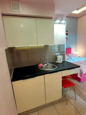 a small kitchen with a sink and a bed at Mirror Pink Studio Apartment in Kraków
