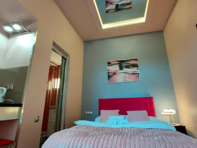 a bedroom with a bed with a red headboard at Mirror Pink Studio Apartment in Kraków