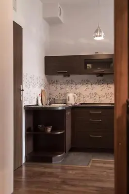 a kitchen with brown cabinets and a sink at Przytulny apartament Kos w sercu Krakowa in Kraków