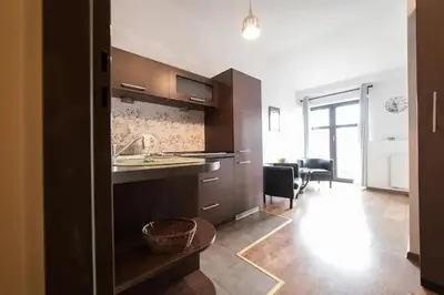 a kitchen with a sink and a counter top at Przytulny apartament Kos w sercu Krakowa in Kraków