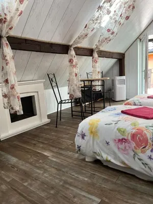 a bedroom with a bed and a fireplace at Dziupla in Wygiełzów