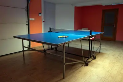 a ping pong table with a tennis racket on it at Zagornik in Inwałd