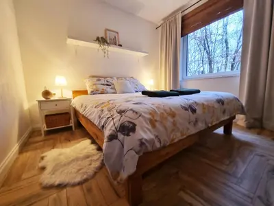 a bedroom with a bed with a window and a rug at Apartament Podedworze in Bochnia