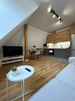 a living room with a couch and a table at Apartament 2 Willa Bellevue in Rabka-Zdroj