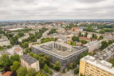 an aerial view of a city with buildings at Grzegórzki Apt - Balcony, AC, Shops&Tram nearby - by Rentujemy in Kraków