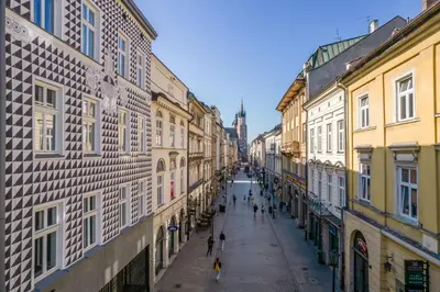 a view of a street in a city with buildings at Dom Gościnny Uniwersytetu Jagiellońskiego in Kraków