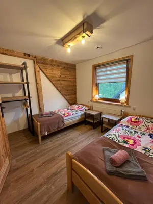 a bedroom with two bunk beds and a ladder at Grelówka Apartament in PyzÃ³wka