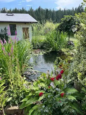 a garden with a pond and flowers and a house at Grelówka Apartament in PyzÃ³wka