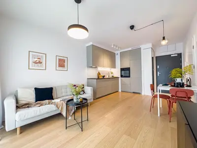 a living room and kitchen with a couch and a table at Klimeckiego Luxury Apartments 215 in Kraków