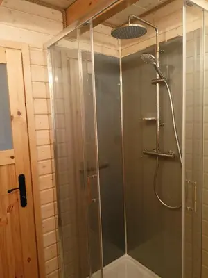 a shower with a glass door in a bathroom at Winnica Zatorska in Olszyny