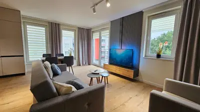 a living room with a couch and a tv at Apartament Zdunów in Kraków