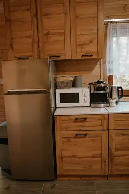 a kitchen with a refrigerator and a microwave at Sosnowy Domek Parter Zator Energylandia Graboszyce in Graboszyce