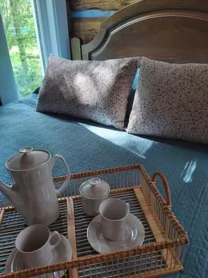 a tray with cups and saucers on a bed at Staruszka Chata in Sidzina