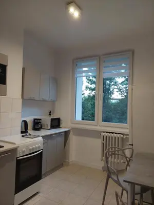 a kitchen with a stove top oven next to two windows at Apartament Aleja 29 Listopada in Kraków