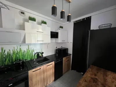 a kitchen with a sink and a black refrigerator at Apartament Bastian Złocień Kraków in Kraków