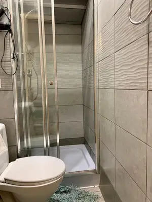 a small bathroom with a toilet and a shower at Green Apartment Krakow in Kraków