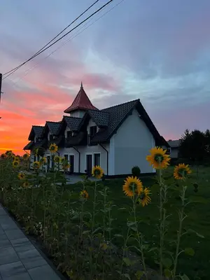 a house in a field with sunflowers in front of it at Apartamenty Artur in Oświęcim