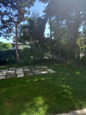 a backyard with a fence and a yard with grass and trees at Komfortowe pokoje przy Szymonowica w Krakowie in Kraków