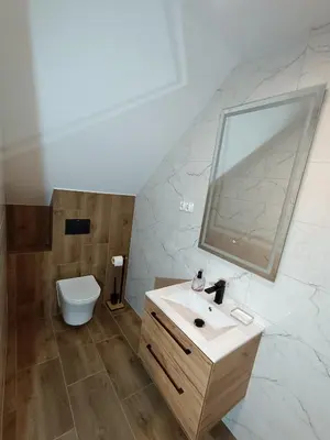 a bathroom with a sink and a mirror and a toilet at Noclegi u Edyty in Zator