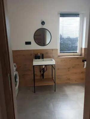 a bathroom with a sink and a mirror and a toilet at Cracow house under walnut tree in Kraków