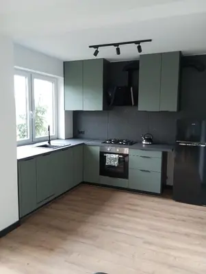a kitchen with green cabinets and a stove top oven at Cracow house under walnut tree in Kraków