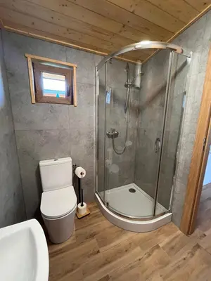 a bathroom with a shower with a toilet and a sink at Domki- Limanowa domek 4 domek z jacuzzi i sauną in Limanowa