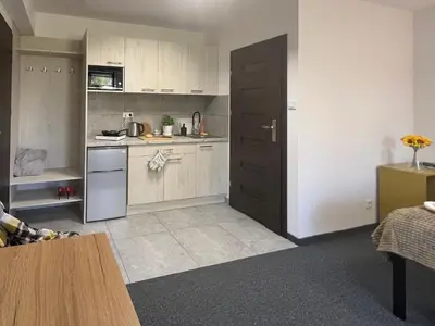 a bathroom with a sink and a toilet and a mirror at Krakstop apartamenty in Kraków