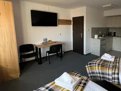 a bathroom with a shower and a toilet at Krakstop apartamenty in Kraków