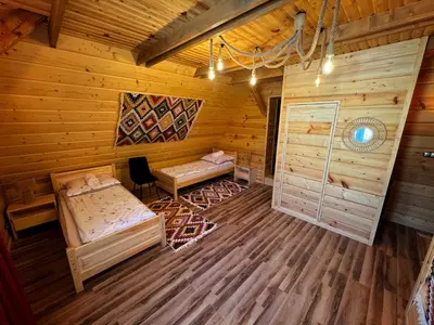a room with two beds in a log cabin at Słoneczne Wzgórze w Kojszówce in Kojszówka