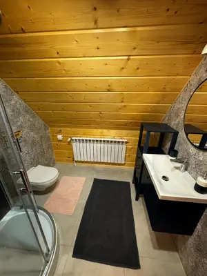 a bathroom with a wooden ceiling with a toilet and a sink at Słoneczne Wzgórze w Kojszówce in Kojszówka
