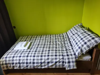 a green bedroom with a bed with a plaid blanket at Pokoje jacuzzi in Zator