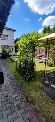 a living room with a couch and some plants at Stylowy Apartament z ogrodem in Gorenice