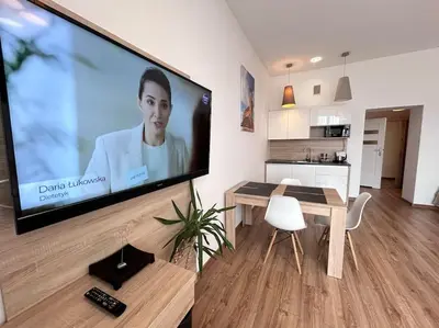 a living room with a large flat screen tv on a wall at Bosacka Street - Apartament B31 in Kraków
