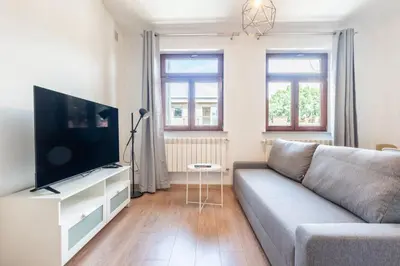 a living room with a couch and a flat screen tv at Kochanowskiego 23 Apartament in Kraków