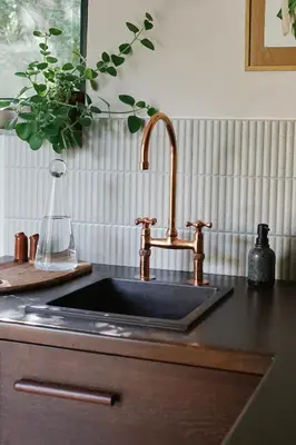 a kitchen counter with a sink and a plant at hOMM domek nad jeziorem in Stryszów