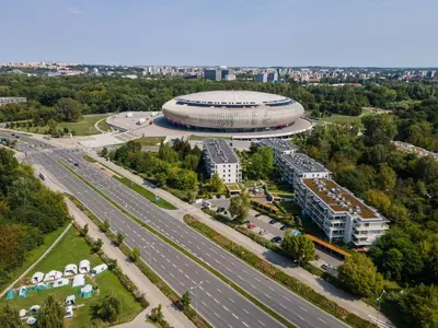 an aerial view of a soccer stadium and a highway at Malila Premium Apartments Cracow Tauron Arena Lema 15 in Kraków