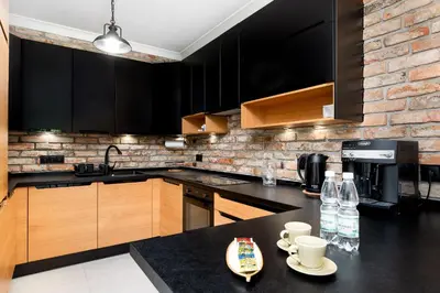 a kitchen with black cabinets and a black counter top at Malila Premium Apartments Cracow Tauron Arena Lema 15 in Kraków