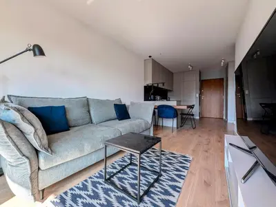 a living room with a couch and a table at Riverside Base Zabłocie in Kraków