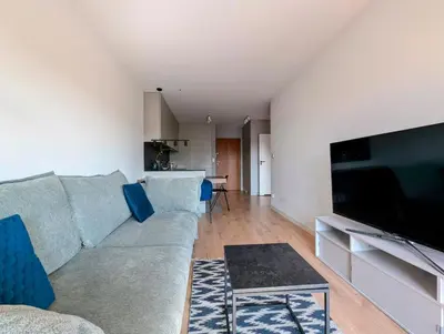 a living room with a couch and a flat screen tv at Riverside Base Zabłocie in Kraków