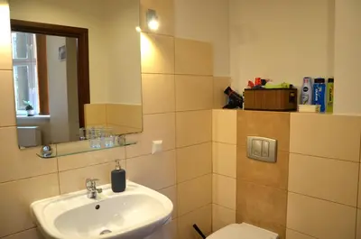 a bathroom with a sink and a toilet at Caffe Latte, City Center Apartment in Kraków