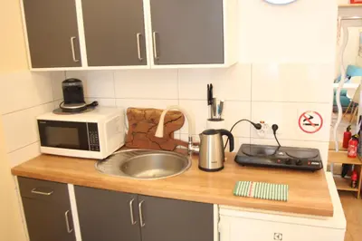 a kitchen counter with a sink and a microwave at Blue Traveler AC Apartment in Kazimierz in Kraków