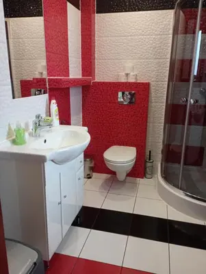 a bathroom with a white sink and a toilet at Willa Babia Góra in Zawoja