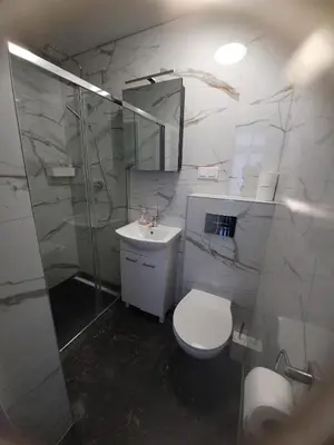 a bathroom with a shower and a toilet and a sink at KĄCIK Apartament in Kraków