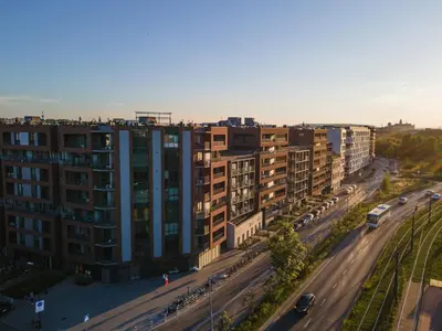 an aerial view of a city with buildings and a street at Sky Loft Zabłocie in Kraków