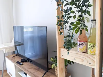 a mirror on a wooden shelf next to a television at Apartament Jabłko-Mięta w Tymbarku in Tymbark