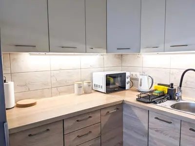 a kitchen with a counter with a microwave and a sink at Apartament Jabłko-Mięta w Tymbarku in Tymbark